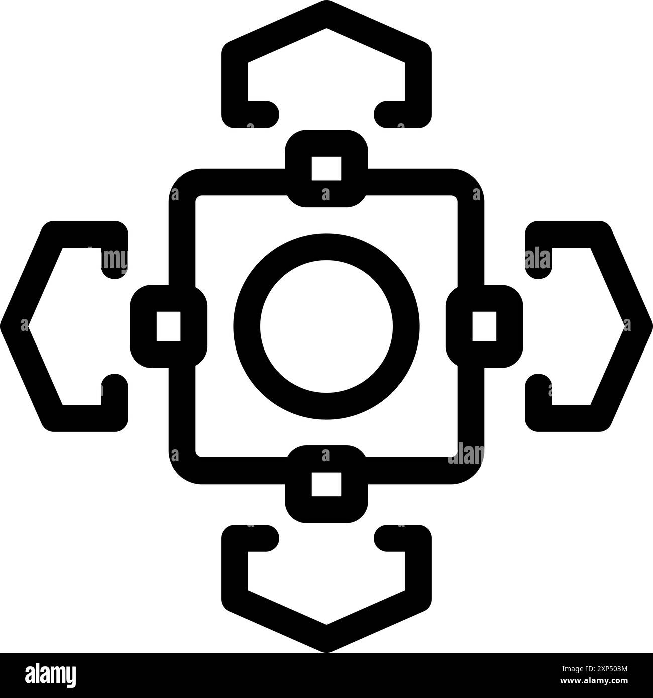Bold line icon representing a data exchange system connecting to multiple devices, symbolizing seamless data transfer and connectivity Stock Vector