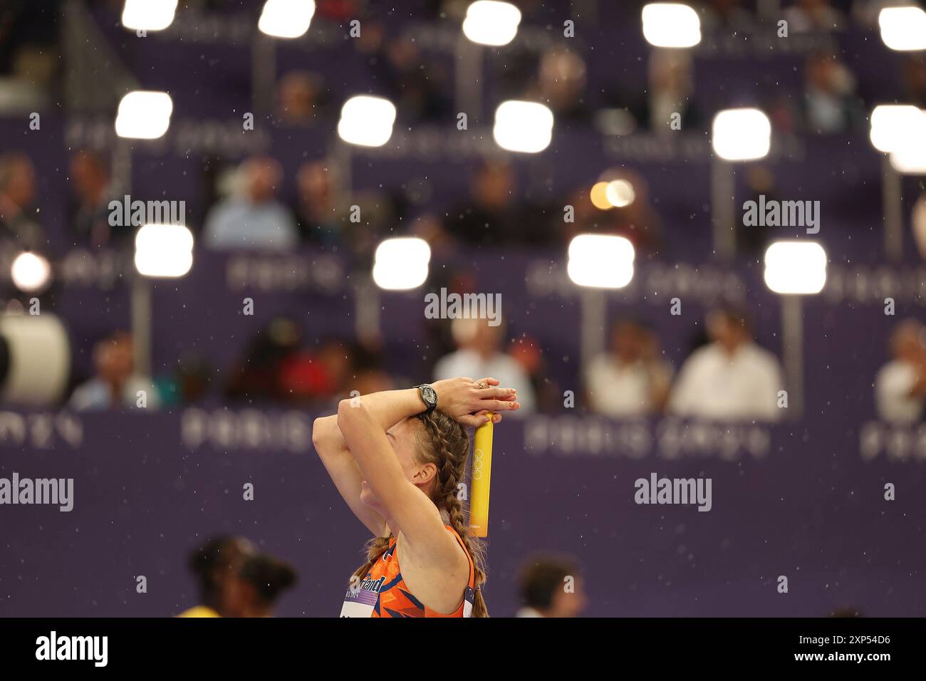 Paris, France. 3rd Aug, 2025. Femke Bol of team the Netherlands reacts
