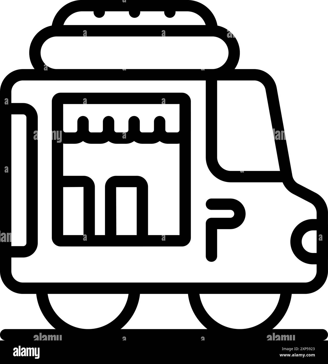 Line art icon of a food truck selling hot dogs, parked on the roadside Stock Vector