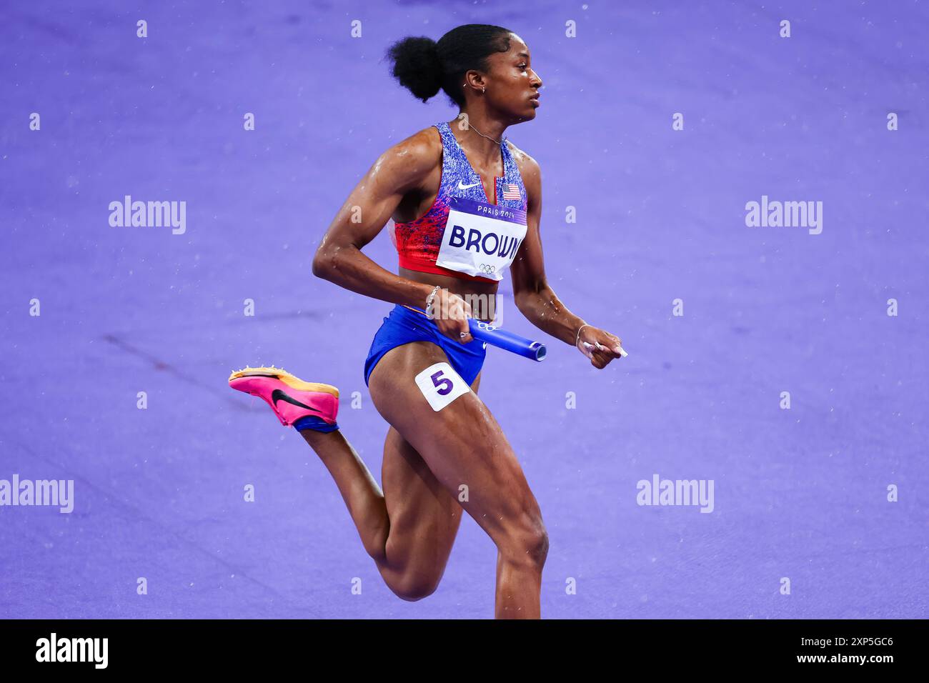 Paris, France, 3 August, 2024. Kaylyn Brown of USA runs during the Paris 2024 Olympic Games Athletics 4 x 400 Relay Mixed at the Stade de France on August 03, 2024 in Paris, France. Credit: Pete Dovgan/Speed Media/Alamy Live News Stock Photo