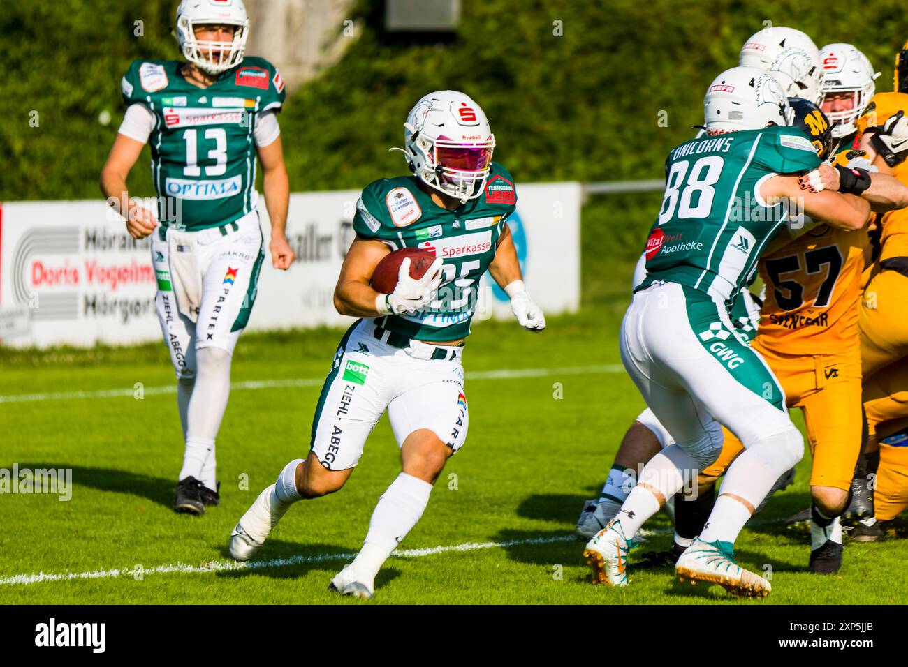 Schwaebisch Hall, Germany. 03rd Aug, 2024. erima GFL/German Football League, Game: Schwaebisch Hall Unicorns - Munich Cowboys in the Optima Sportpark in Schwaebisch Hall Germany on 03. Aug. 2024, RB # 25 Mathis Harang/Schwaebisch Hall Unicorns. Credit: Frank Baumert/Alamy Live News Stock Photo