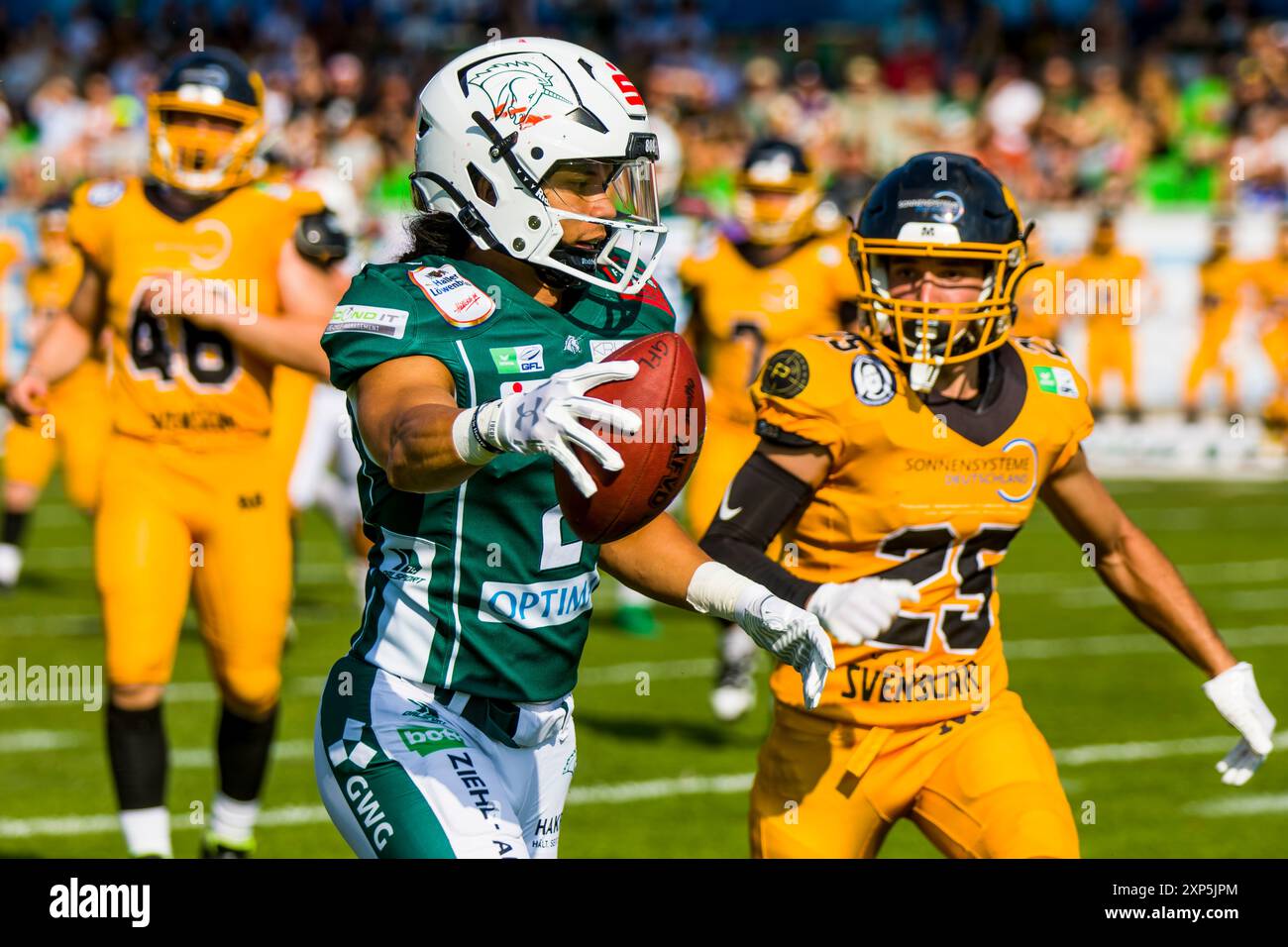 Schwaebisch Hall, Germany. 03rd Aug, 2024. erima GFL/German Football League, Game: Schwaebisch Hall Unicorns - Munich Cowboys in the Optima Sportpark in Schwaebisch Hall Germany on 03. Aug. 2024, Touchdo wn Schwaebisch Hall Unicorns/ WR # 2 Jason-Matthew Sharsh Credit: Frank Baumert/Alamy Live News Stock Photo