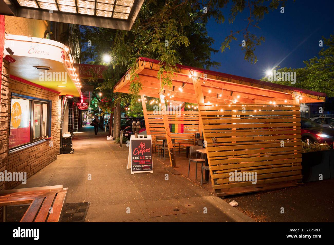 Restaurants at dusk in downtown Bellingham Washington State. Stock Photo