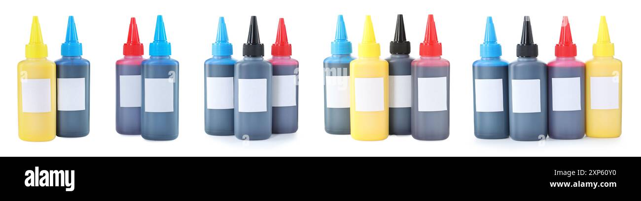 Printer ink of different colors in bottles isolated on white, set Stock ...