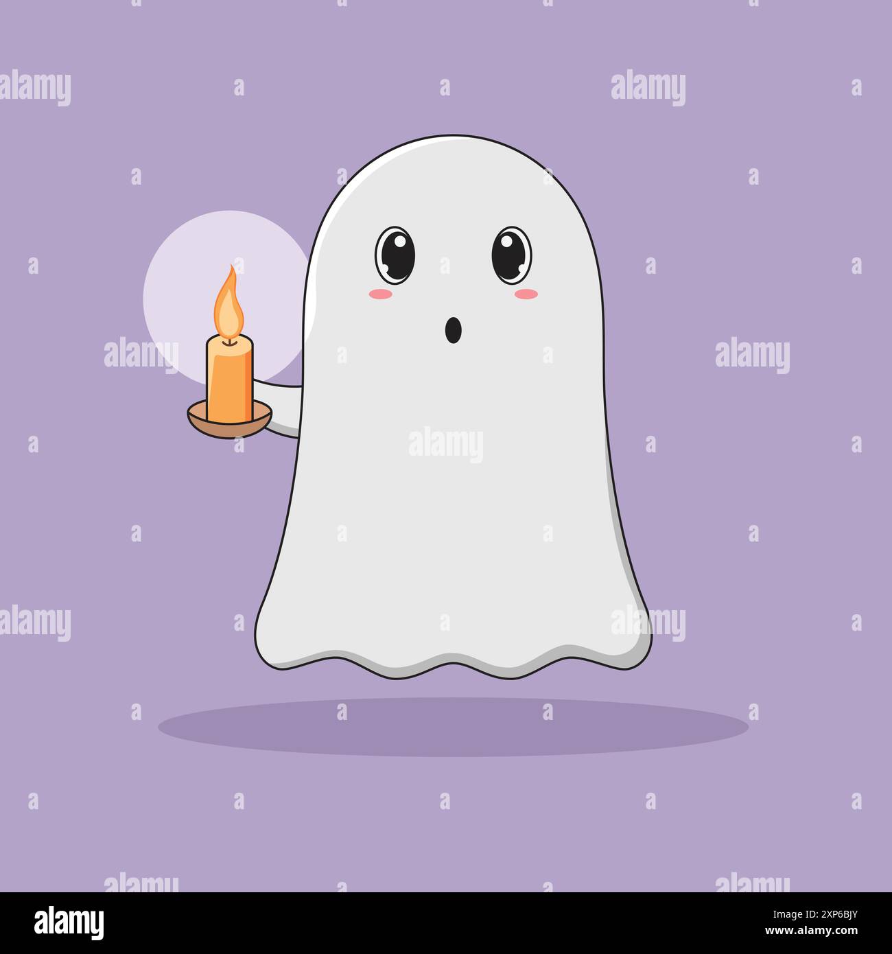 Cute Cartoon Ghost Holding Plate with Candle. Halloween Character Vector Illustration on Purple Background. Stock Vector