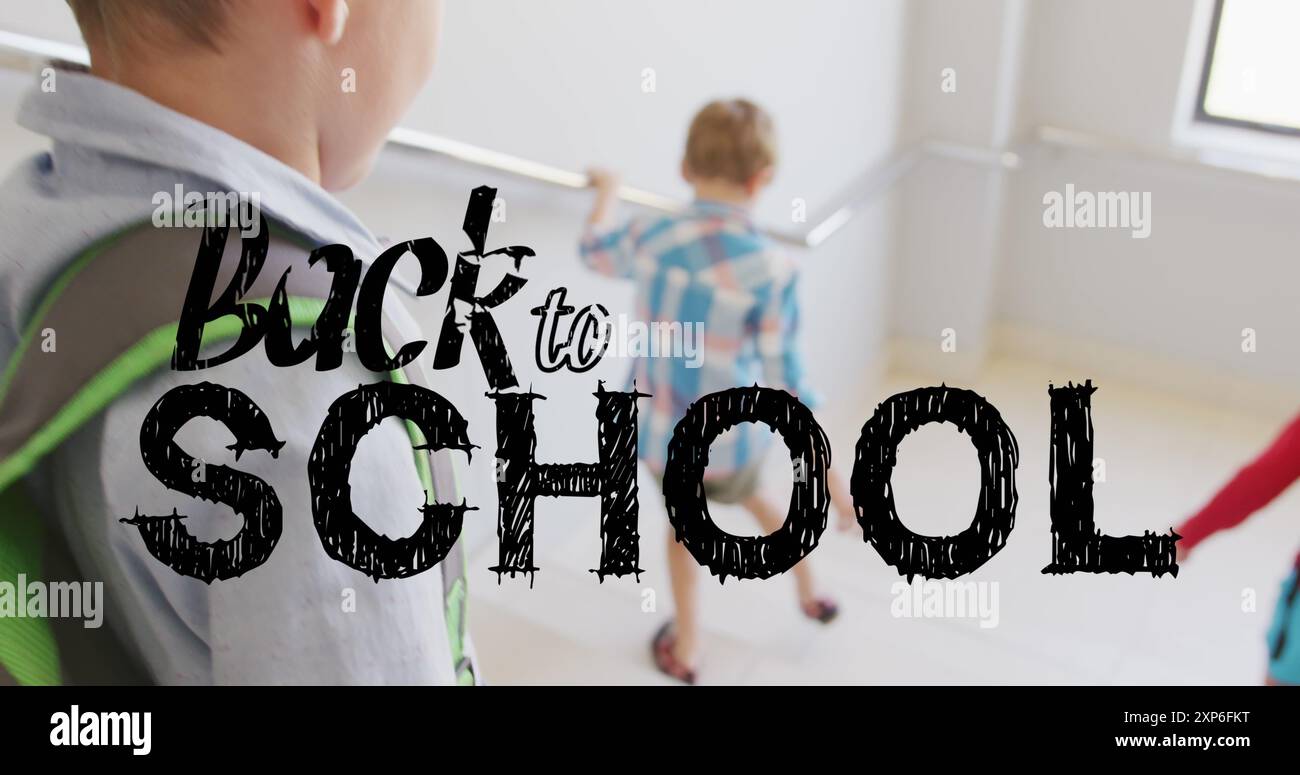 Image of back to school text over happy diverse school kids at school ...