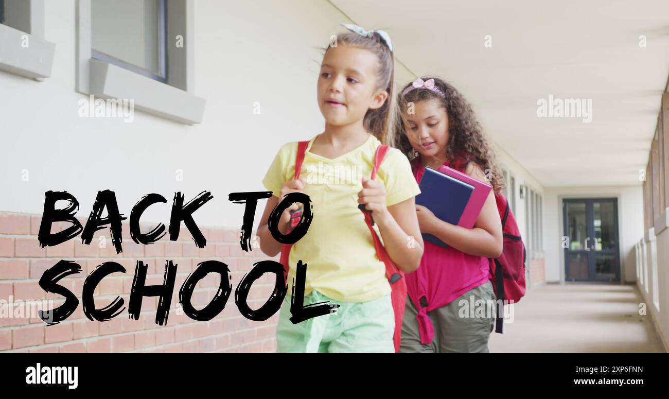Image of back to school text over happy diverse school kids at school ...