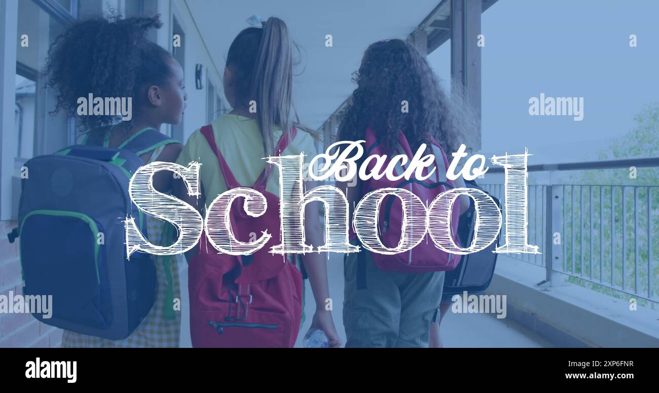 Image of back to school text over happy diverse school kids at school ...