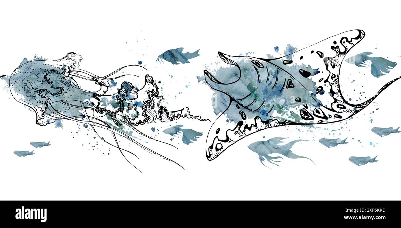 Watercolor and ink hand drawn marine life, sea ocean underwater creatures. fish, shells algae seaweed. Seamless banner illustration, stylized Stock Photo