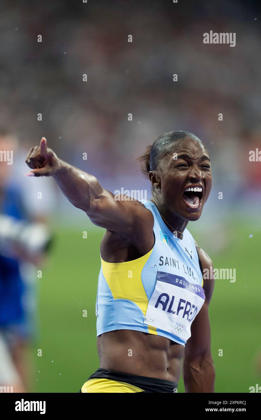 Julien Alfred (LCA) competing in the Womens 100m Final, wins the gold