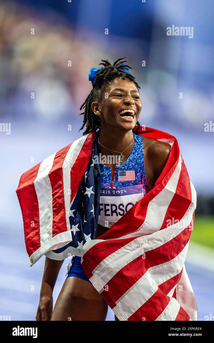 Melissa Jefferson (USA) wins the bronze medal in the Womens 100m Final