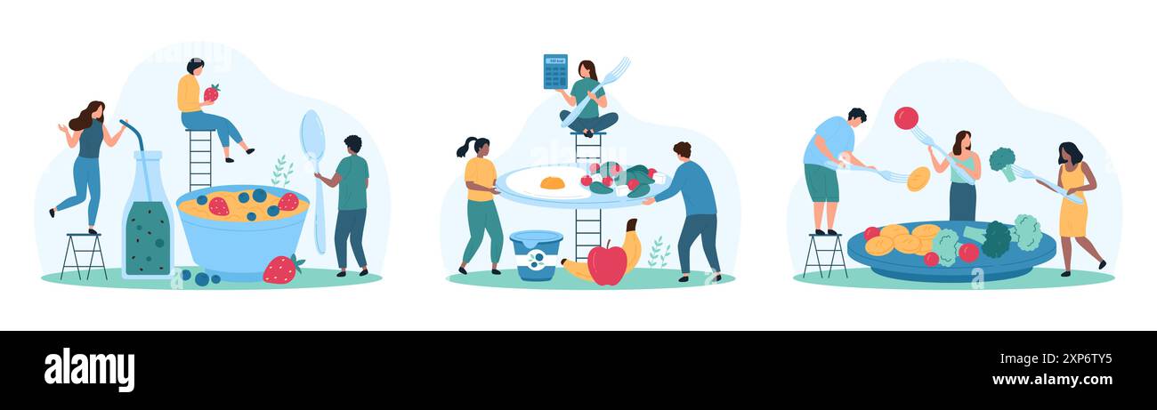 Healthy breakfast food and drink set. Tiny people holding plate with ...