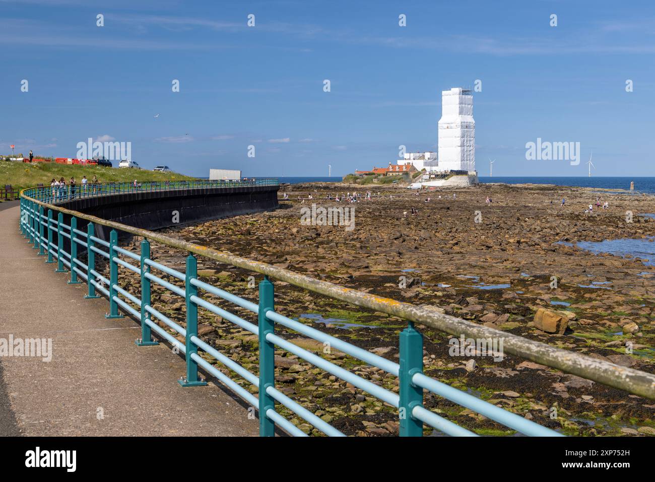 St Mary's lighthouse, Whitley Bay, under wraps while being repainted. Stock Photo