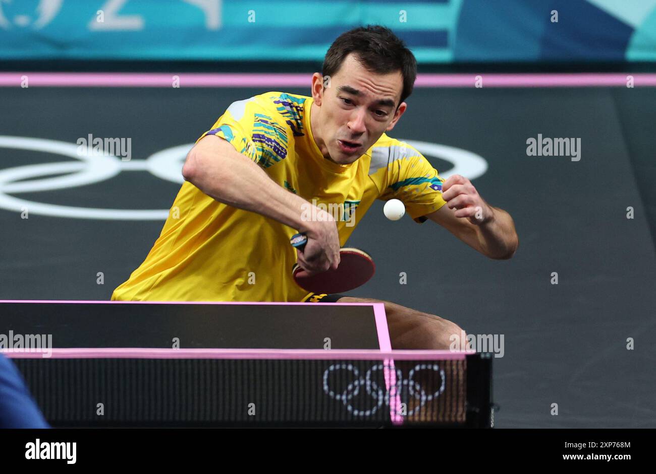 Paris, France. 4th Aug, 2024. Hugo Calderano of Brazil competes during ...