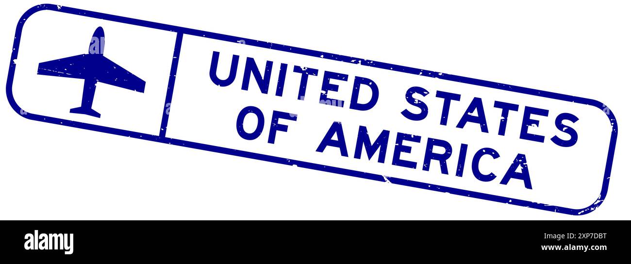 Grunge blue united states of america word with plane icon square rubber ...
