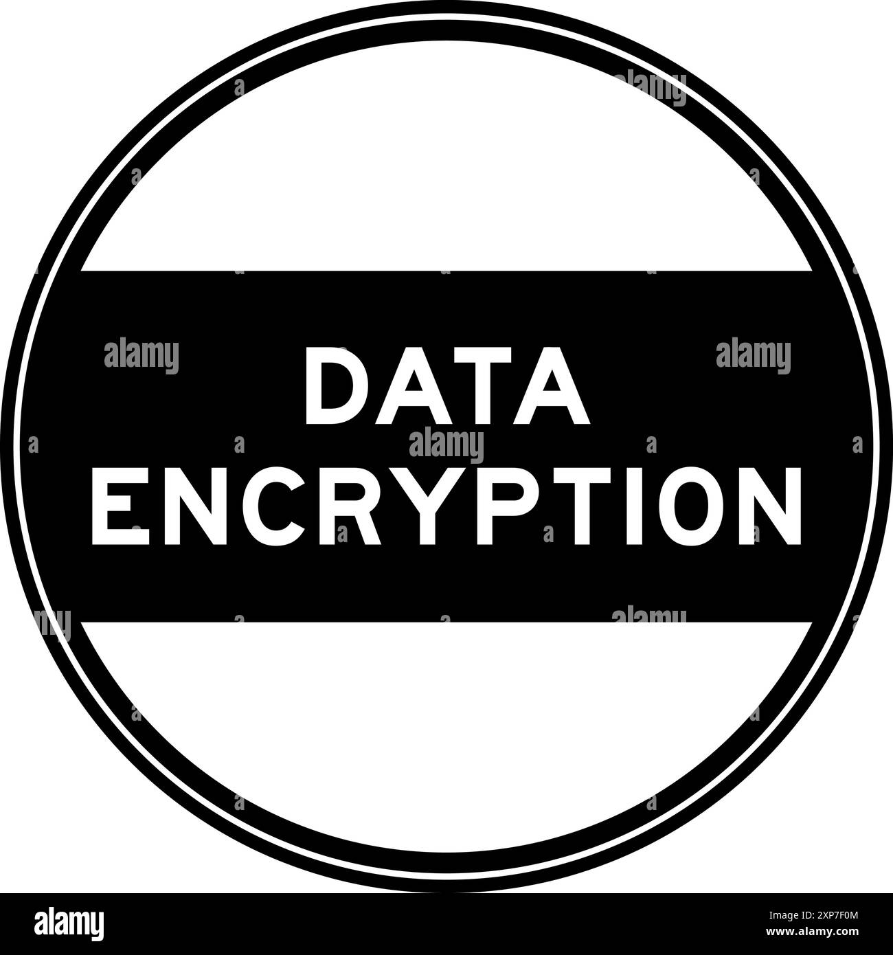 Black color round seal sticker in word data encryption on white ...