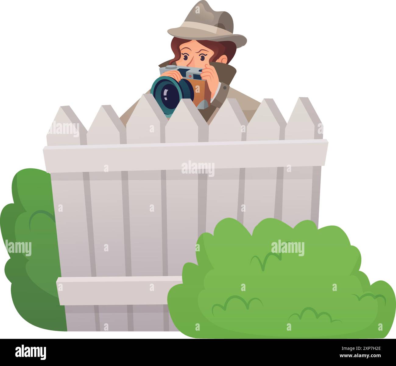 Private investigator. Woman in detective hat making photo from bush ...