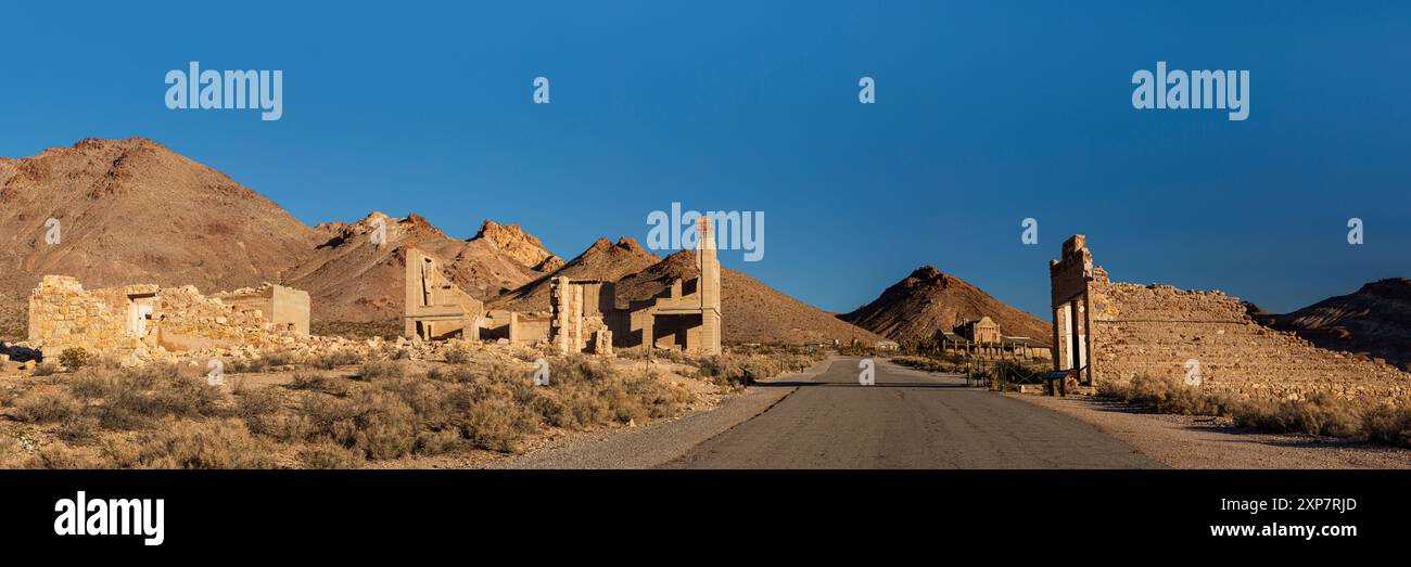 Panoramic image of the ghost town of Rhyolite Nevada near Beatty and Death Valley Stock Photo