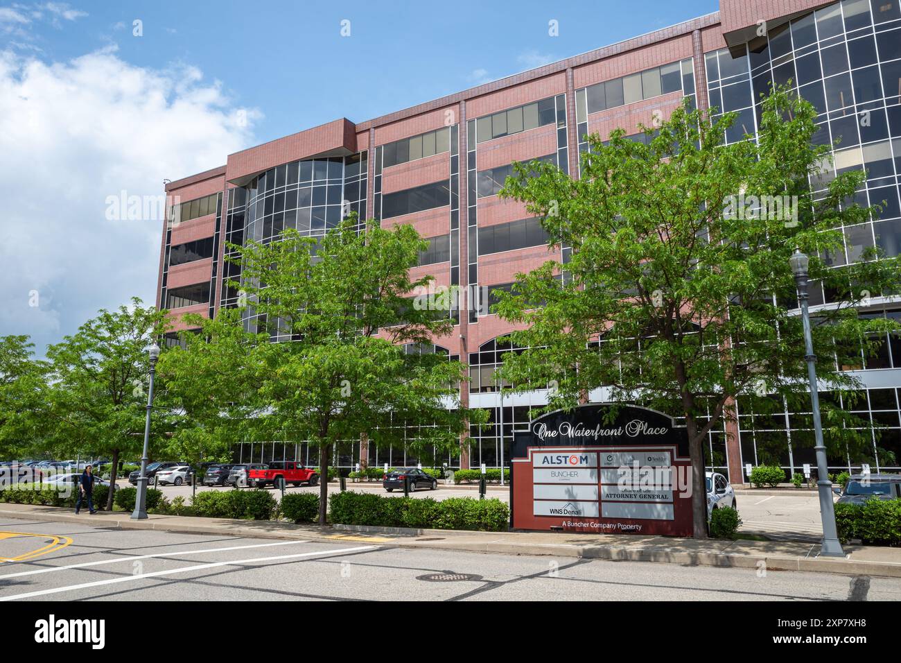 The Waterfront Place commercial office building stands prominently in the vibrant Strip District of Pittsburgh, Pennsylvania. Stock Photo