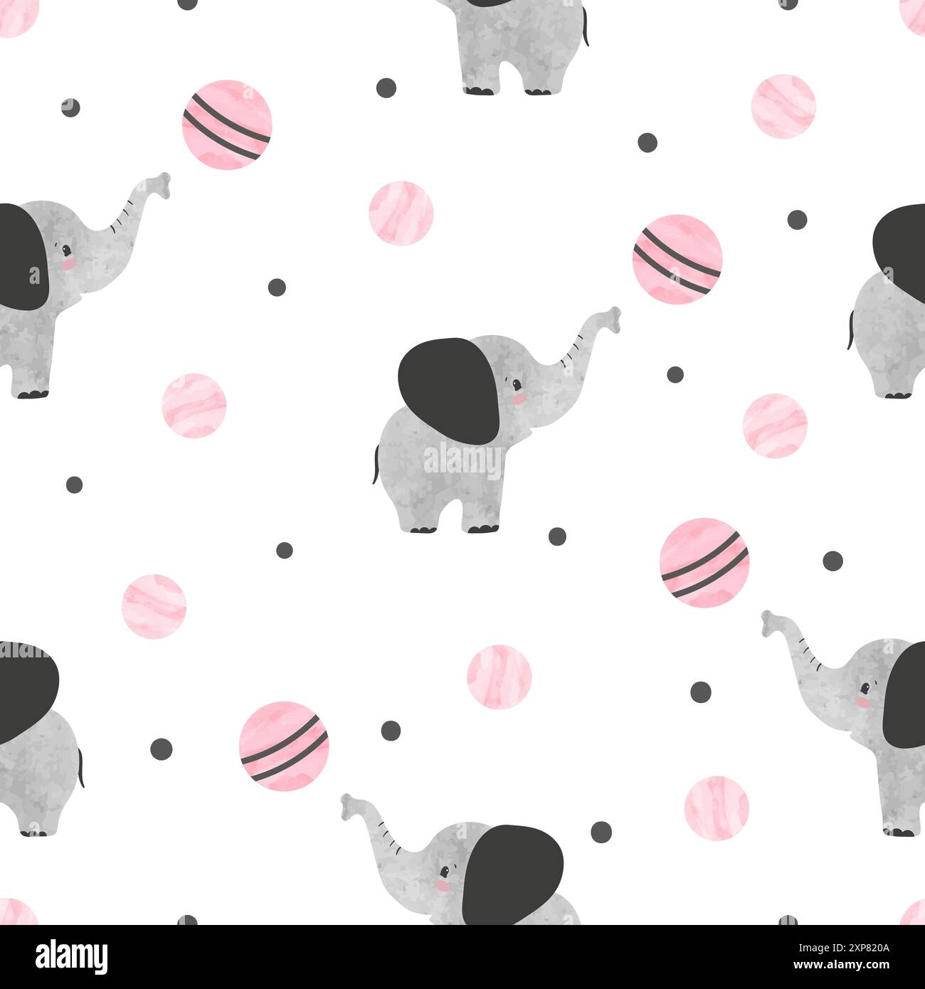 Cute baby elephants with balls seamless pattern. Vector childish ...