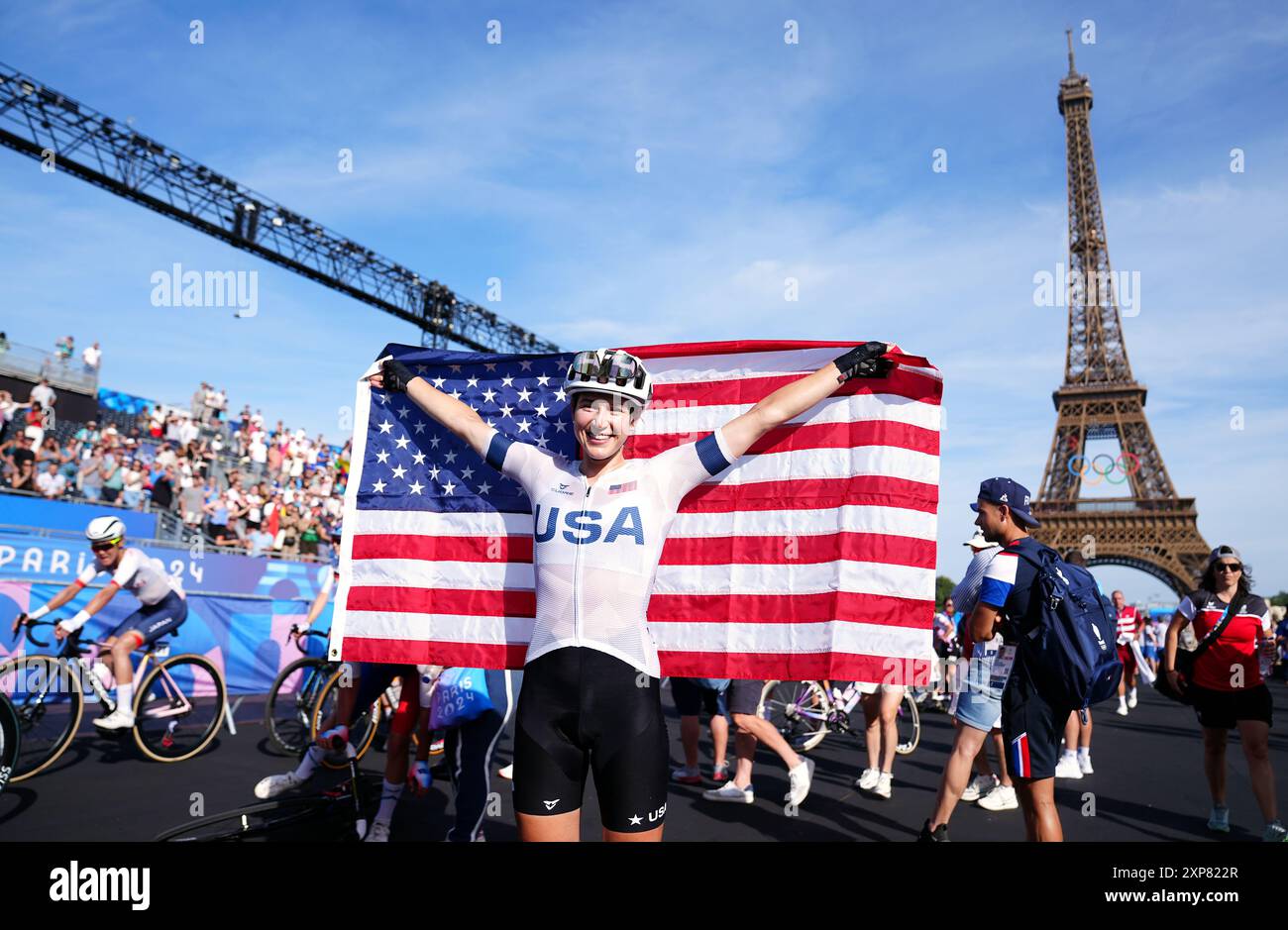 USA's Kristen Faulkner celebrates winning the Women's Cycling Road Race