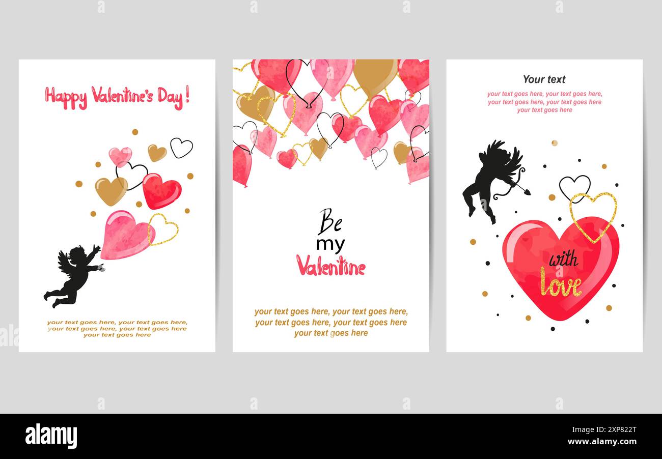 Valentines Day cards set in red and golden colors. Cute cupids and ...