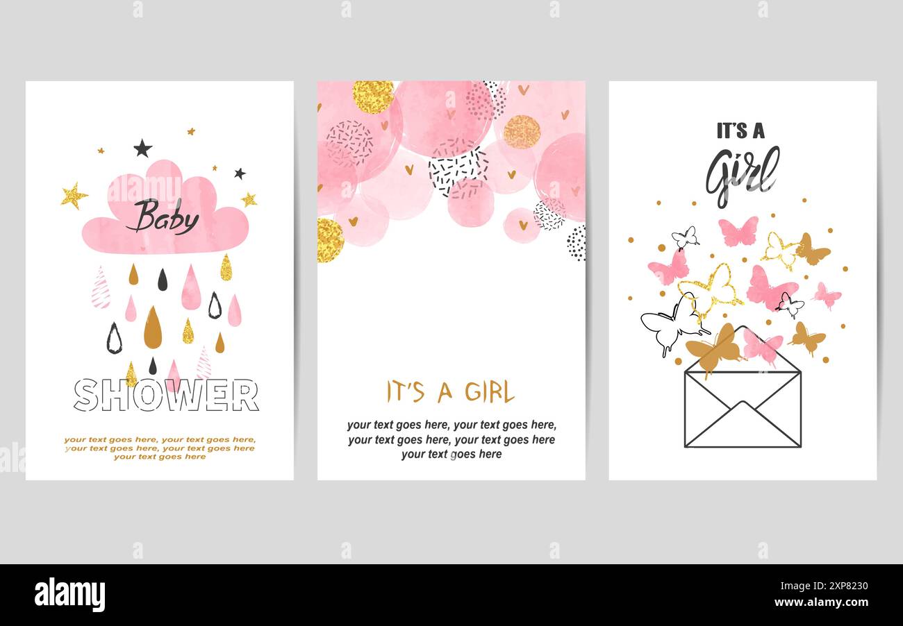 Baby shower girl cards set. Vector invitation birthday party card ...