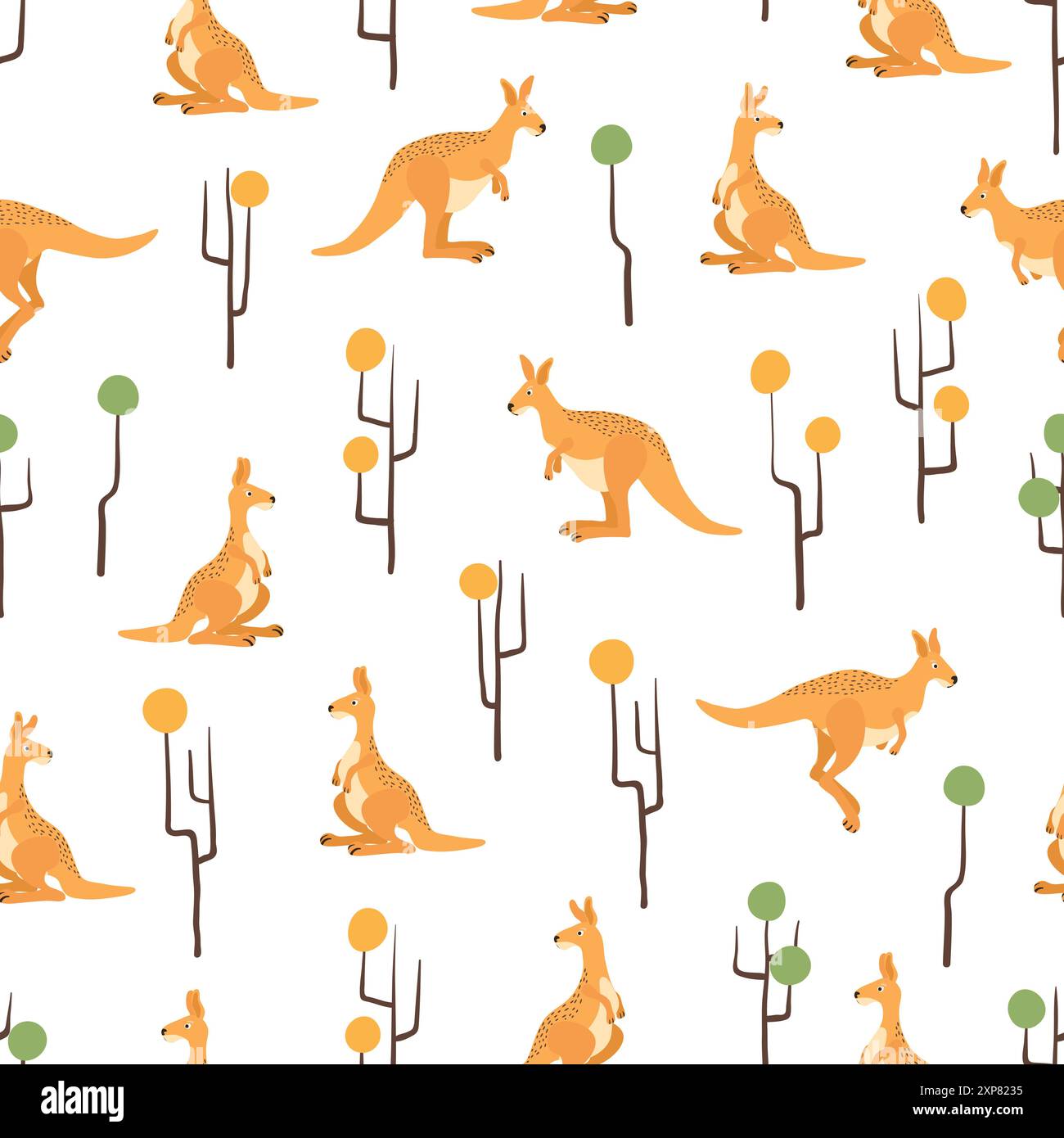 Kangaroo and abstract trees seamless pattern. Vector australian illustration Stock Vector