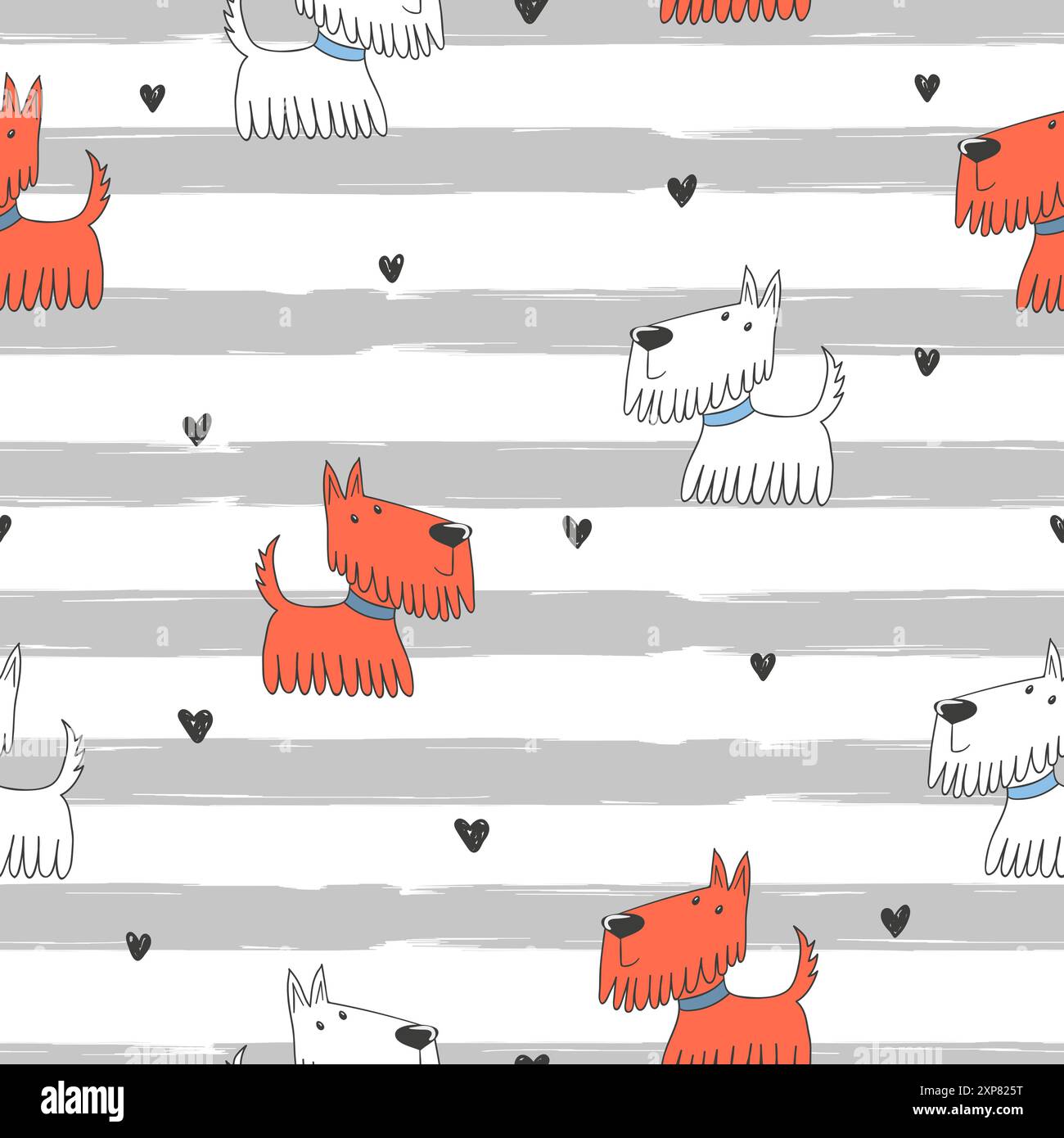 Seamless cute terriers pattern. Vector funny dogs and hearts background Stock Vector
