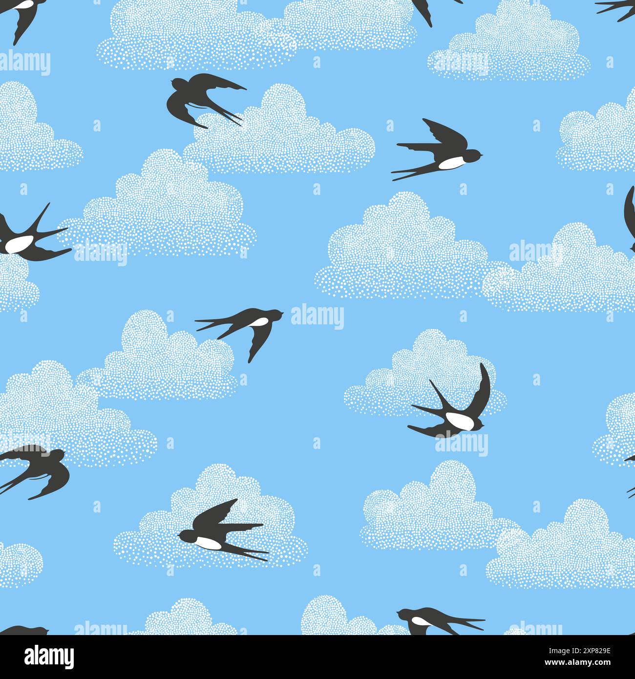 Seamless pattern with swallows and clouds. Vector flying birds illustration Stock Vector
