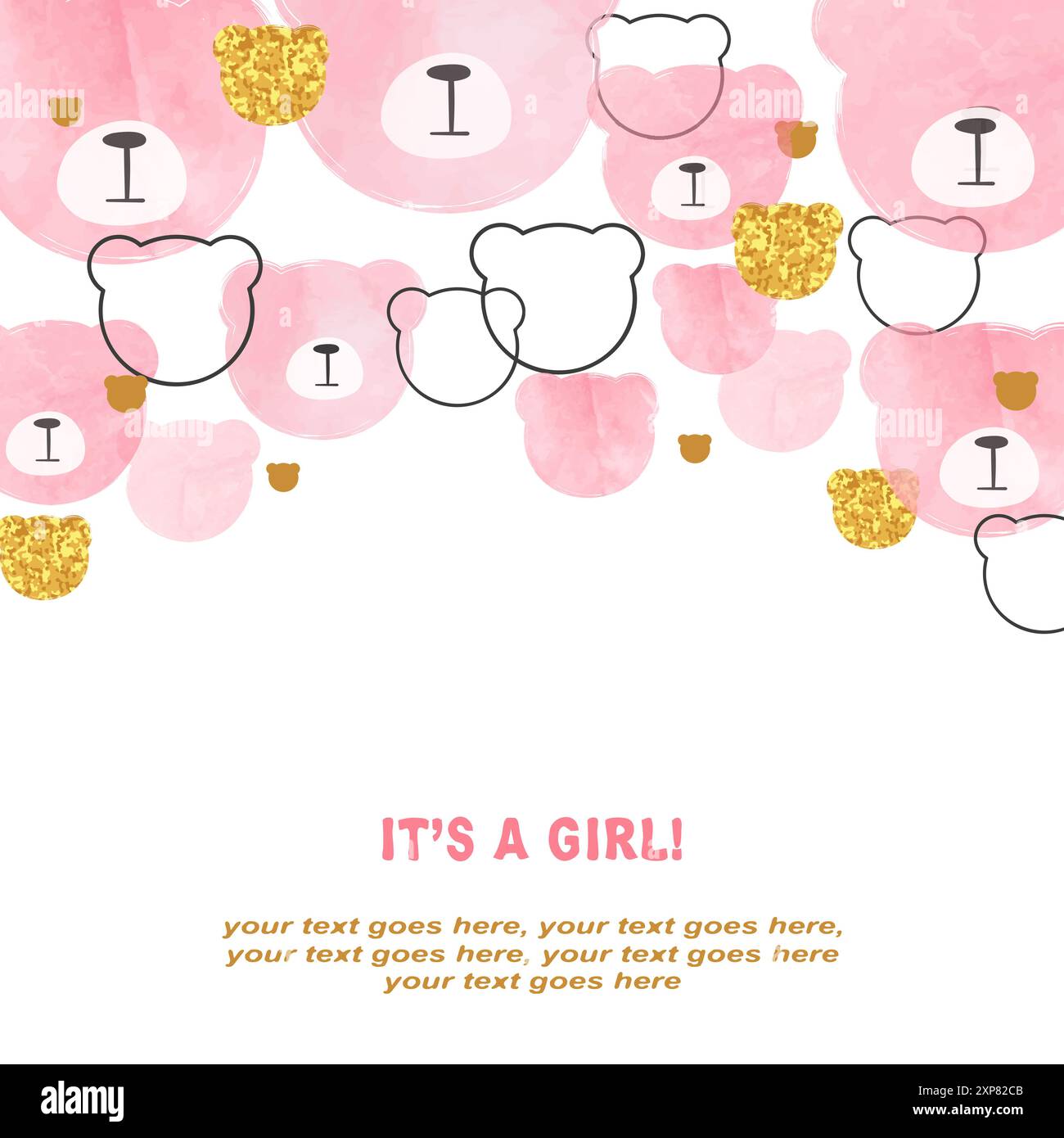Baby Shower girl greeting card vector illustration with pink bears ...