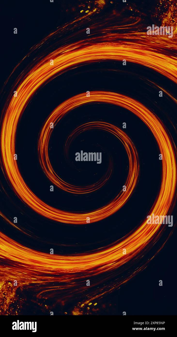 Fiery spiral cosmic vibes dynamic captivating hypnotic fire flame swirl on black art illustration abstract background. Stock Photo
