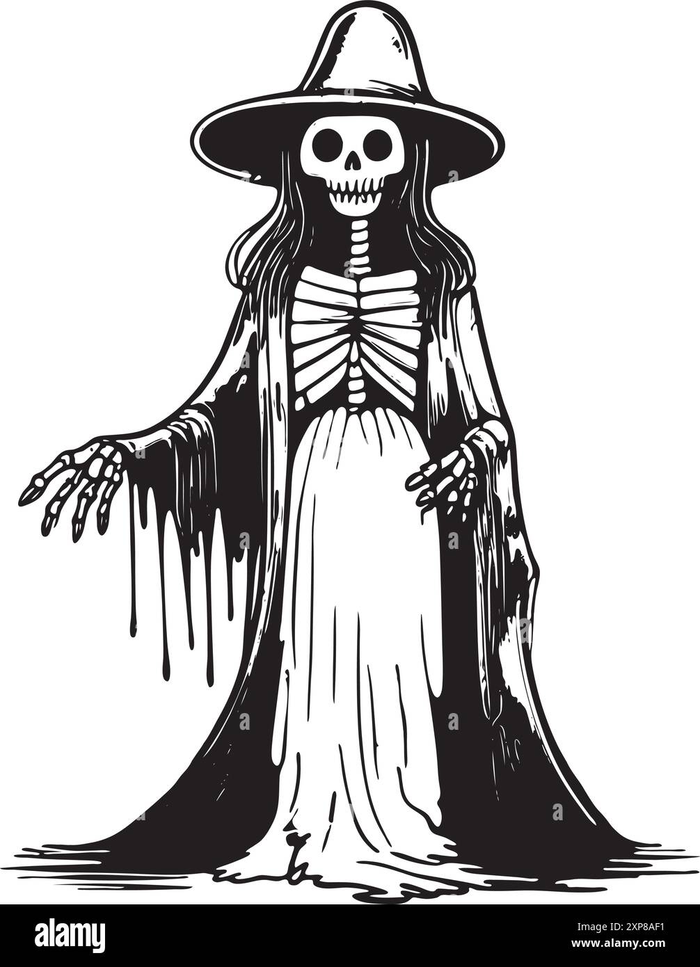 skeleton witch in vintage style, greeting viewers with a spooky and ...