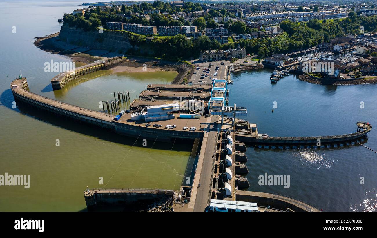 Aerial view of Penarth and the Cardiff Barrage leading out onto the Bristol Channel Stock Photo