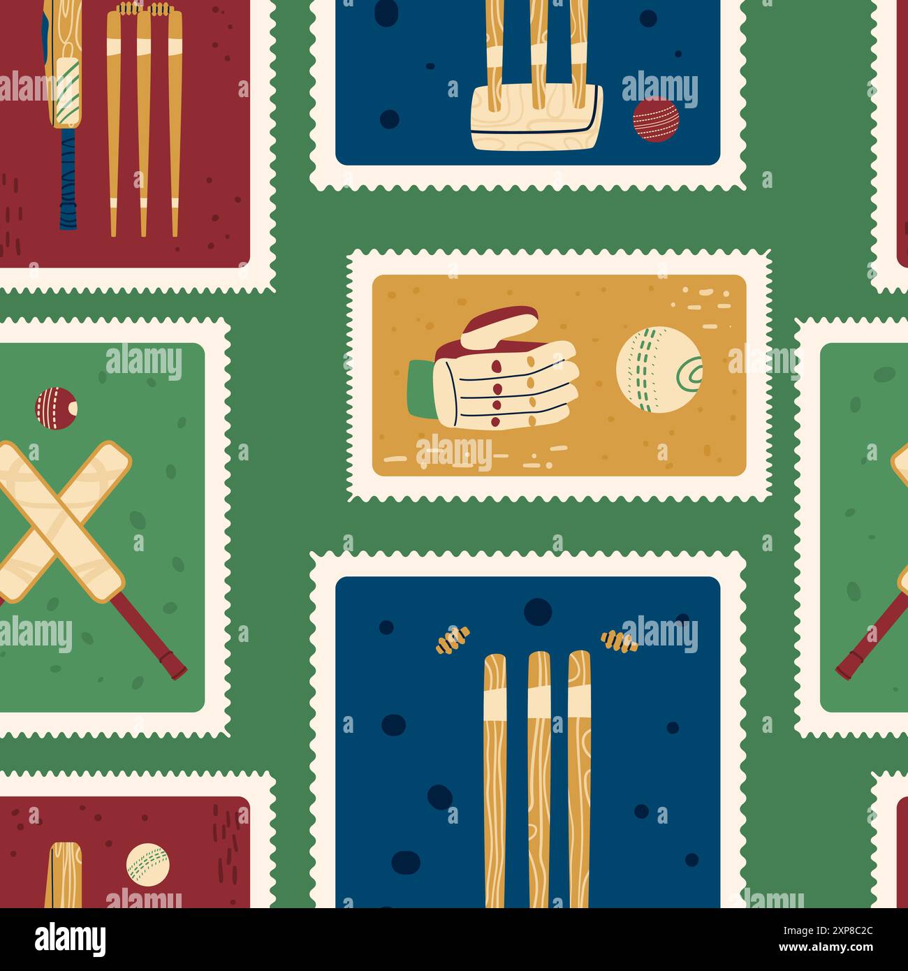 Cricket patchwork seamless pattern. Bento box repeat background. Sport retro post stamps endless design. Vector hand drawn flat illustration. Stock Vector