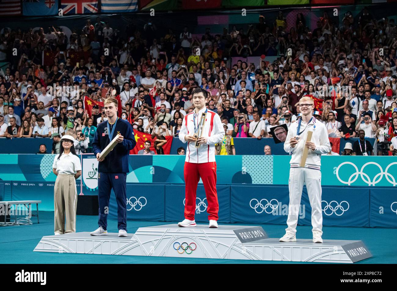 Truls Moregard Silver medal, Fan Zhendong of China Gold medal, Felix Lebrun of France Bronze