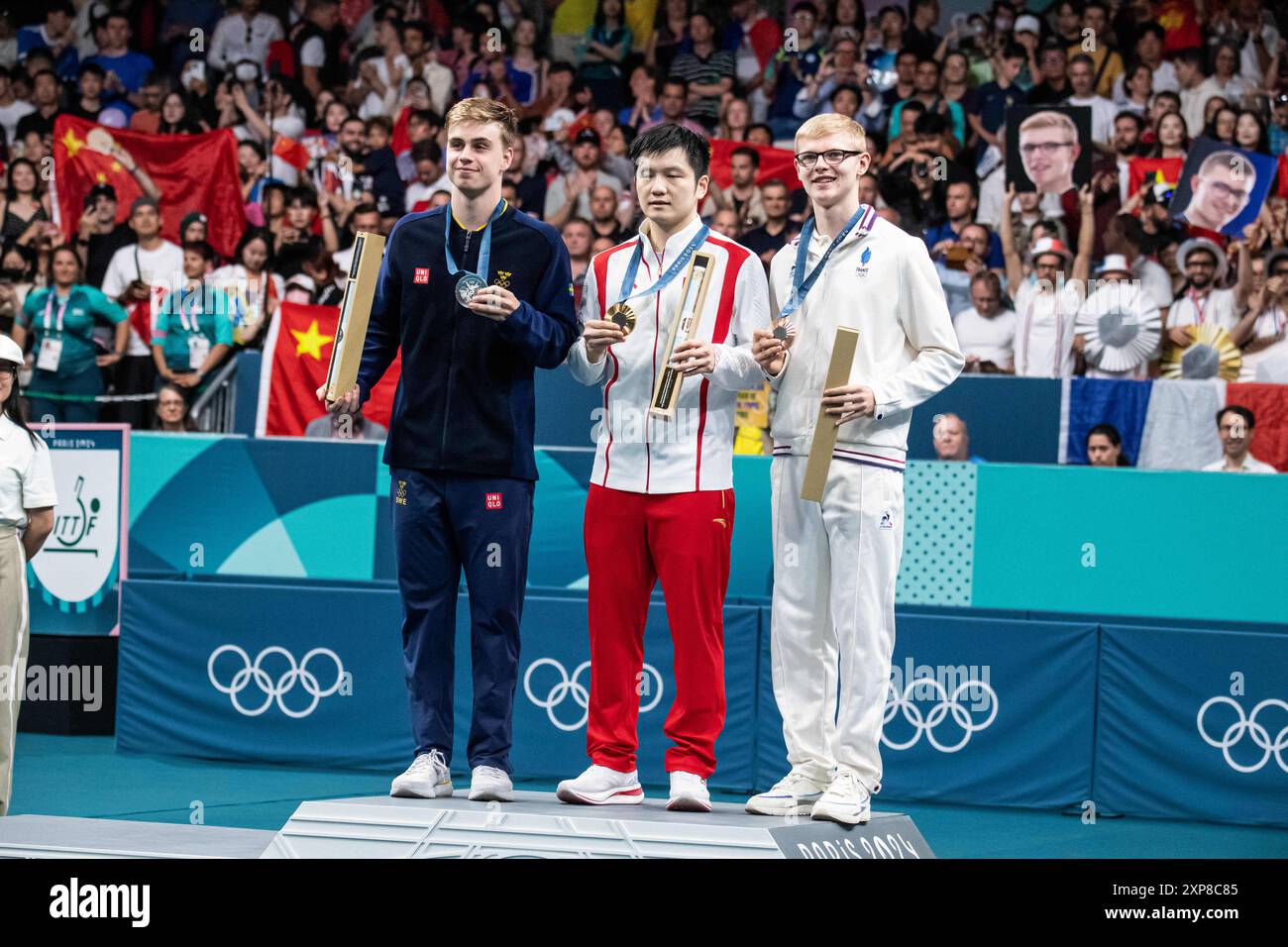 Truls Moregard Silver medal, Fan Zhendong of China Gold medal, Felix Lebrun of France Bronze