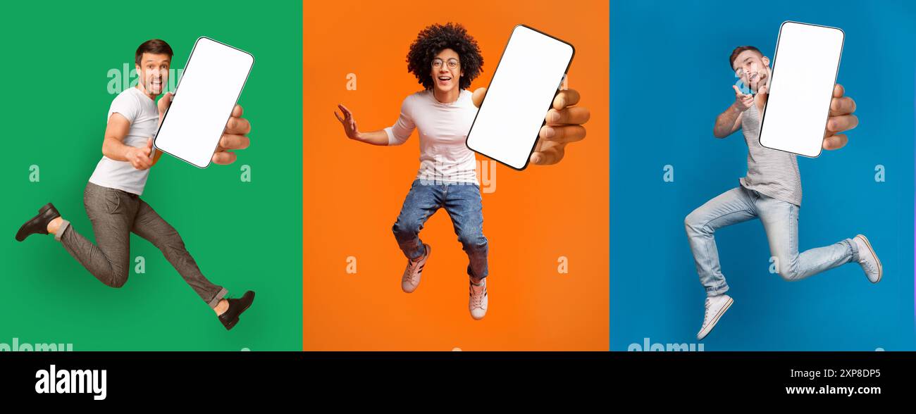Cool mobile offer. Excited jumping guys demonstrating smartphones with ...