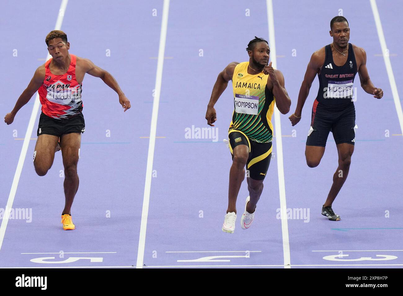 Paris, France. 4th Aug, 2024. Kishane Thompson (C) of Jamaica competes ...