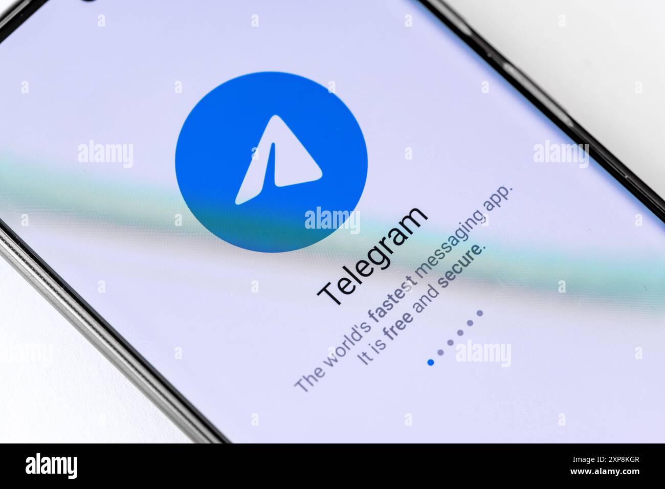 London. UK- 07.28.2024. The opening page of the cloud based, encrypted, multi platform, instant messaging app Telegram on the screen of an Android pho Stock Photo