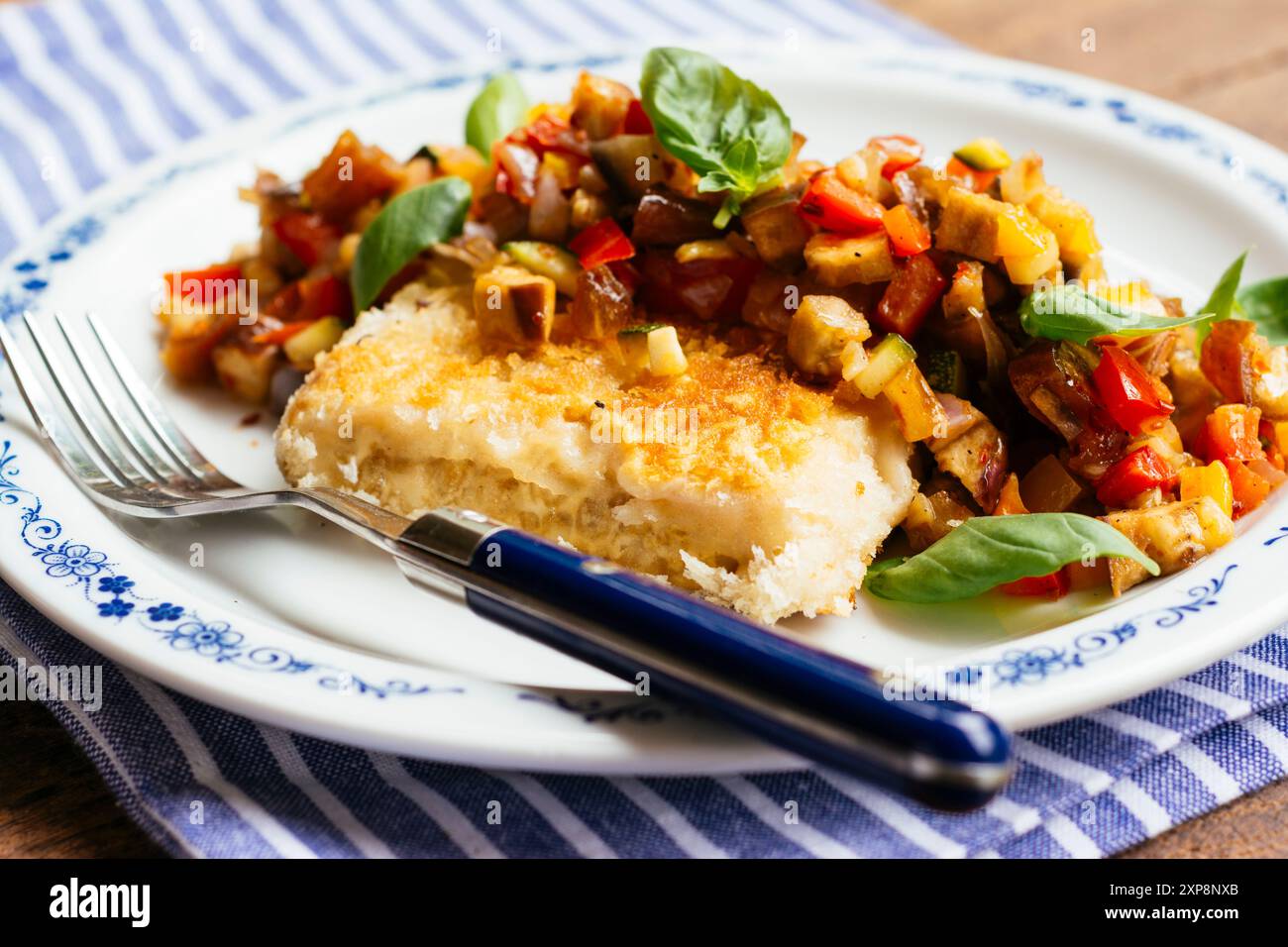 Tempeh Fillet with Date Ratatouille Relish (red onion, red bell pepper, yellow bell pepper, zucchini, eggplant, dates) Stock Photo