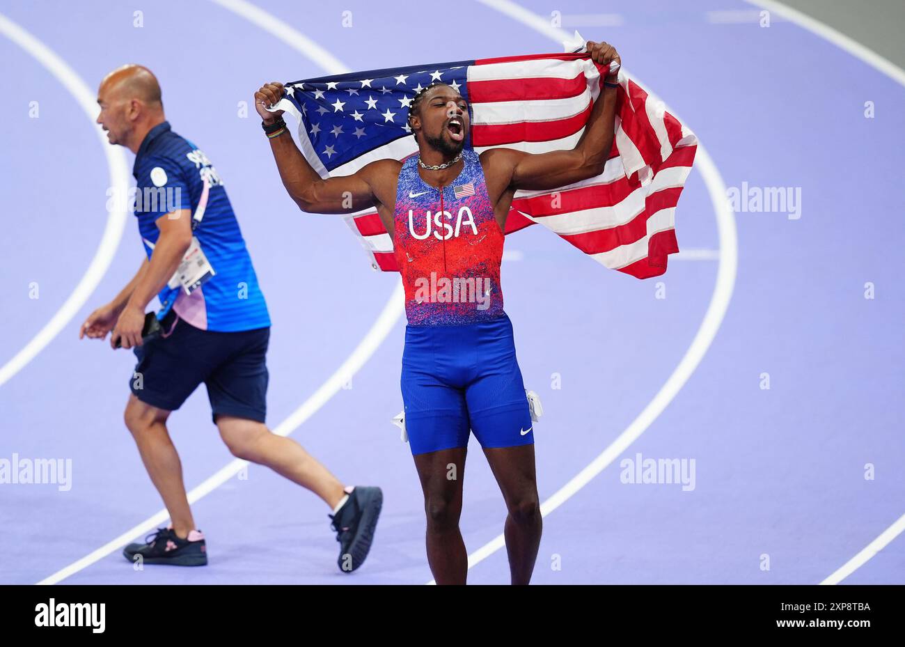 USA’s Noah Lyles celebrates after winning the Men’s 100m Final at the
