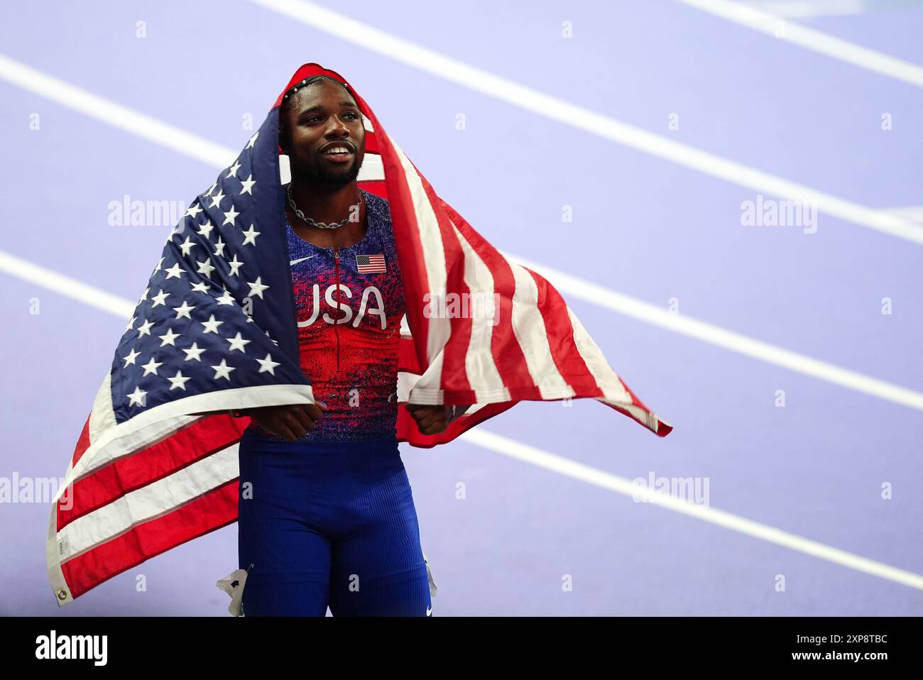 USA’s Noah Lyles celebrates after winning the Men’s 100m Final at the