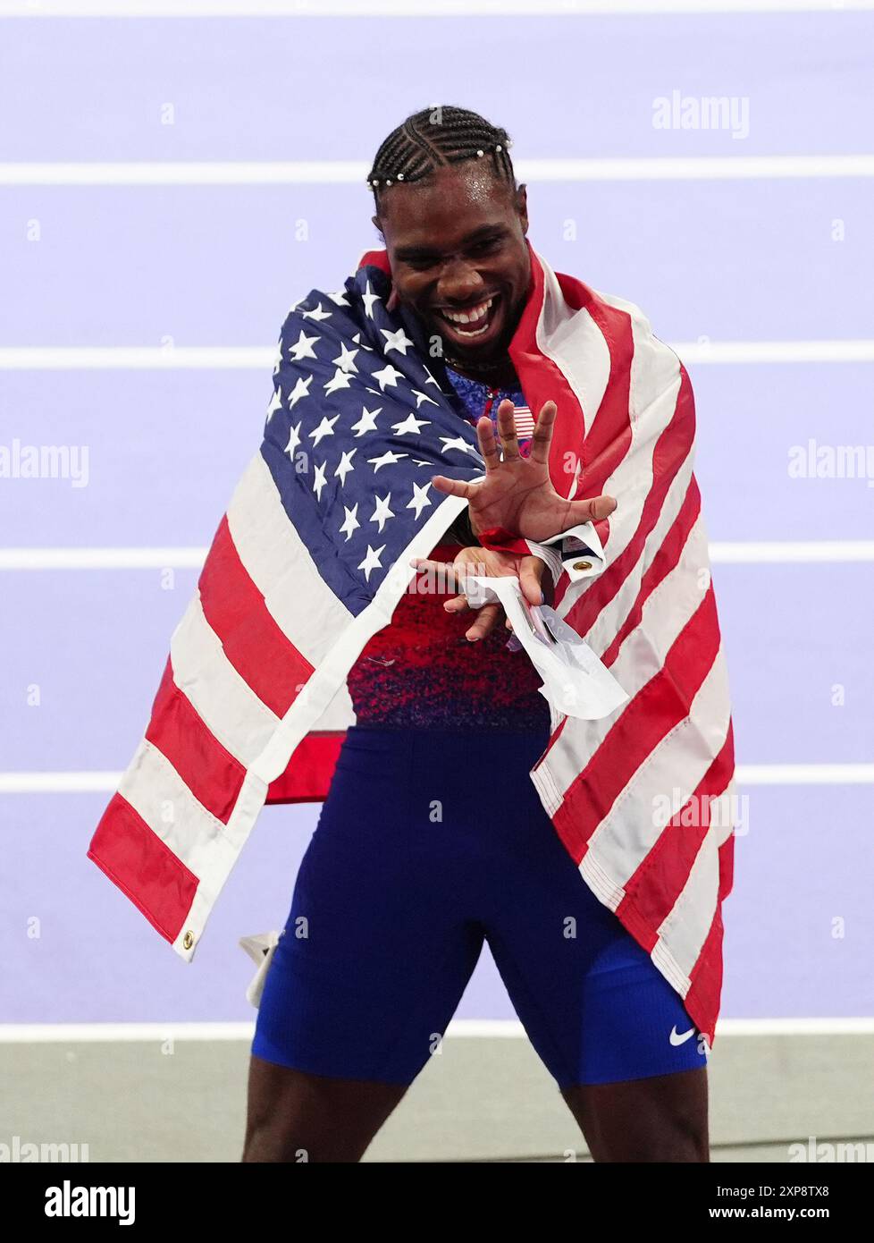 USA’s Noah Lyles celebrates after winning the Men’s 100m Final at the