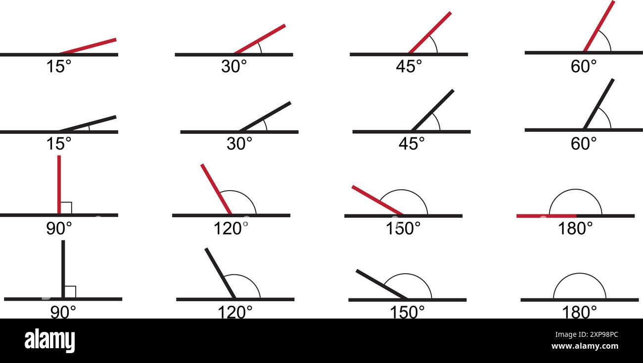 Set of angle degree icons. Different protractor values isolated on white background. Geometric measurements. Mathematics symbols. Vector graphic Stock Vector