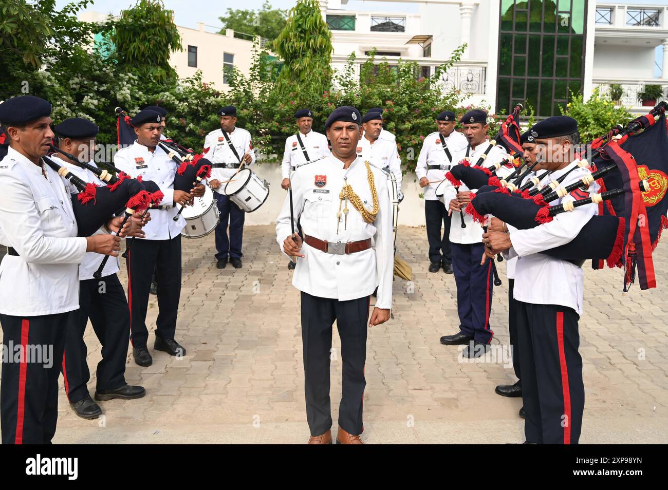 GURUGRAM, INDIA - AUGUST 4: Haryana Police Band performed on the Raahgiri Day at Surya Vihar Main Road organised by District Administration, Gurugram Police, Haryana Uday and Raahgiri Foundation, on August 4, 2024 in Gurugram, India. (Photo by Parveen Kumar/Hindustan Times/Sipa USA ) Credit: Sipa USA/Alamy Live News Stock Photo