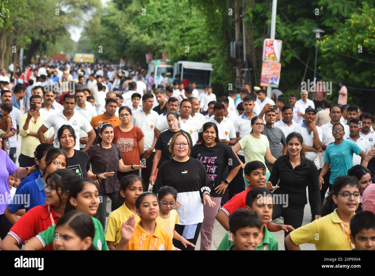 GURUGRAM, INDIA - AUGUST 4: People participated in various activities like cycling, Ludo, Skateboard, Snakes and Ladders, Zumba dance, yoga, badminton, cricket and carrom board etc on the Raahgiri Day at Surya Vihar Main Road organized by District Administration, Gurugram Police, Haryana Uday and Raahgiri Foundation, on August 4, 2024 in Gurugram, India. (Photo by Parveen Kumar/Hindustan Times/Sipa USA ) Credit: Sipa USA/Alamy Live News Stock Photo