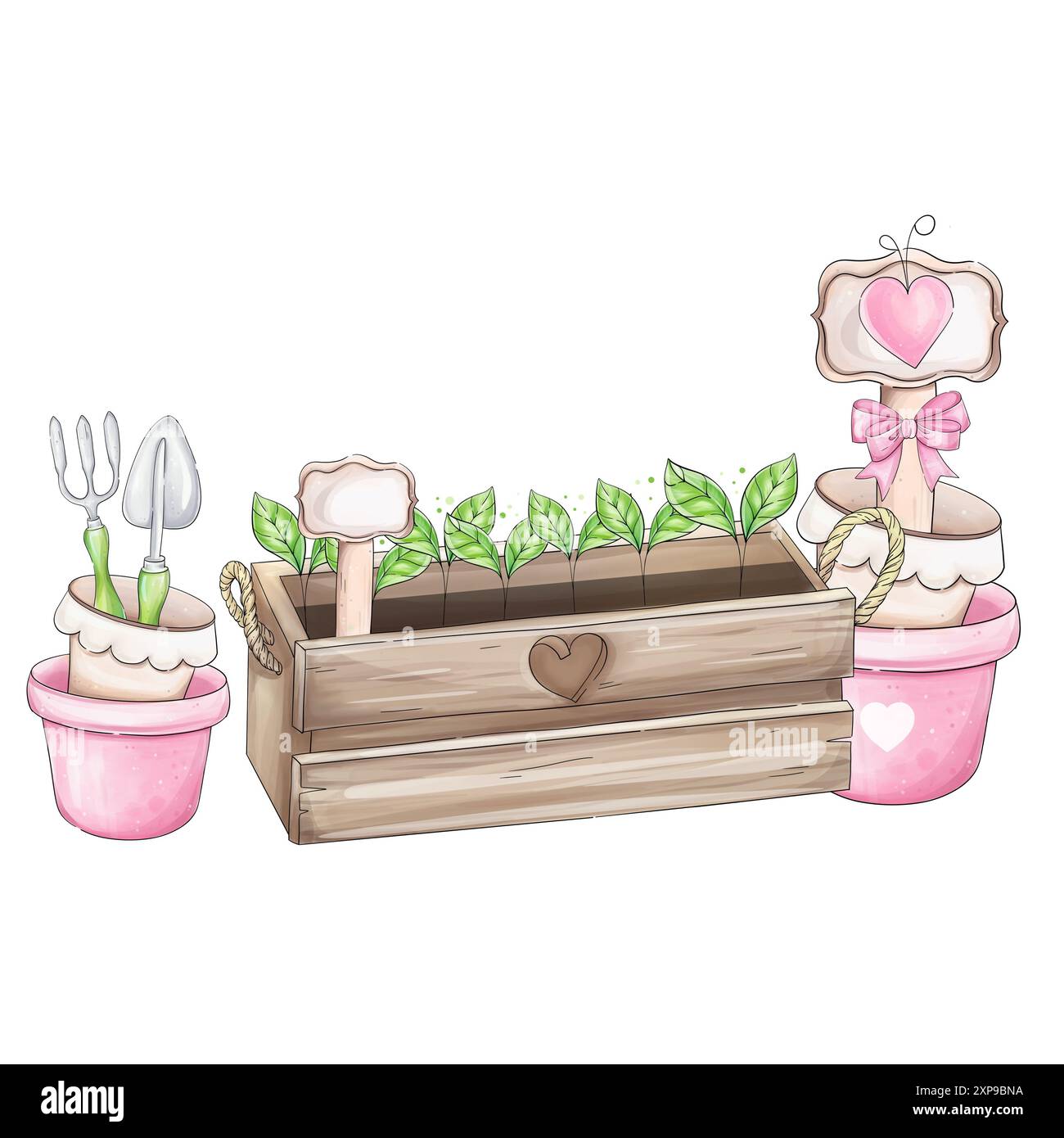 Watercolor hand draw garden border. Farmer tools, pots, seeding box ...