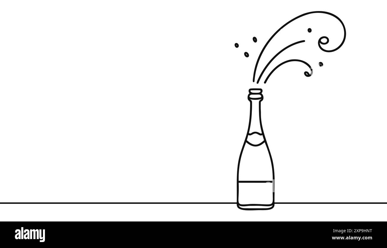 Continuous one line drawing of champagne bottle. Concept of cheers, toast, holiday in line art style. Illustration on white background Stock Vector