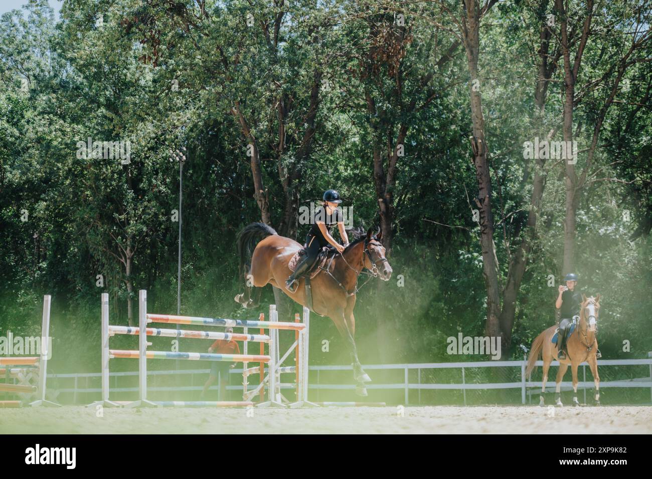 Horse jumping competition with equestrian rider and horse trainer in ...